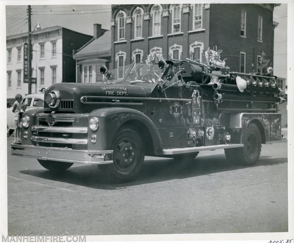 1954 Seagrave Series 530-B pumper, purchased for $16,842, to replace 1932 Reo fire engine. 750 gpm triple action, combination pump, 300 gallon water tank. Arrived in July 1954. Sold to Rothsville Volunteer Fire Company in 1971 for $2,501.83. 